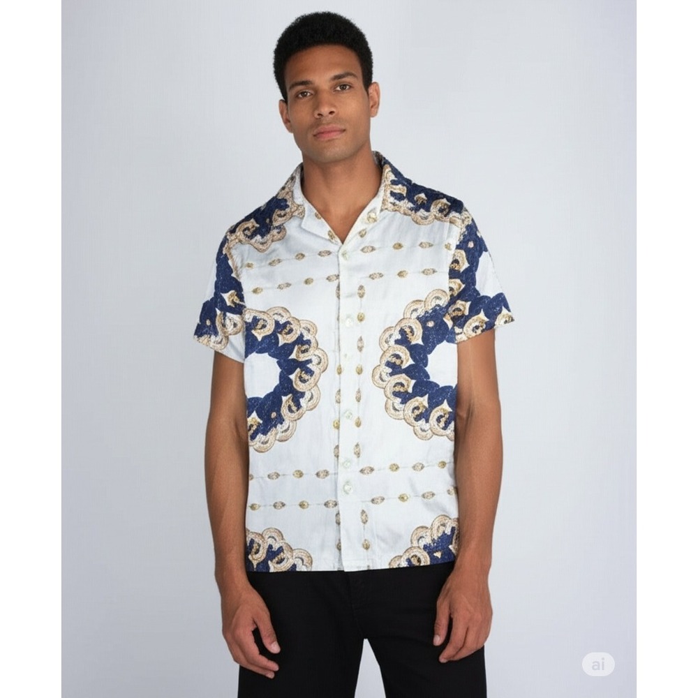 HERMANO SS Ram Cuban‎ Shirt Ivory Button Up Short Sleeve Menswear Pattern M